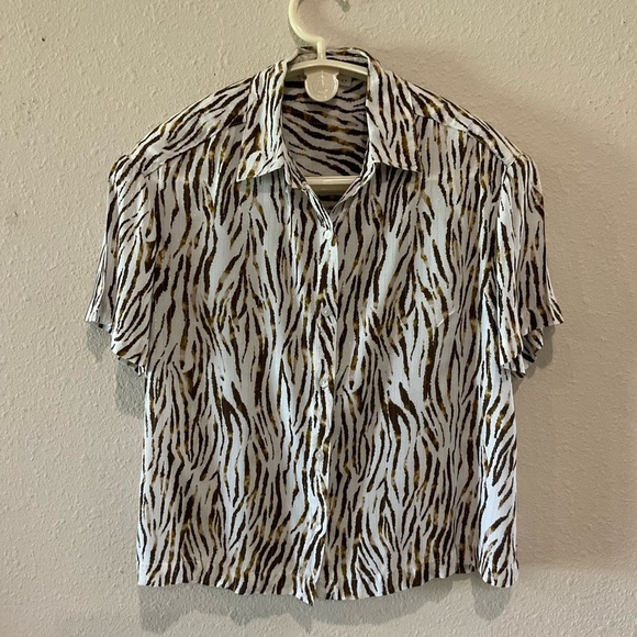 Jane+Delancey Zebra Print Top Brown Button Up Short Sleeve Blouse Women’s Size M - Picture 1 of 11